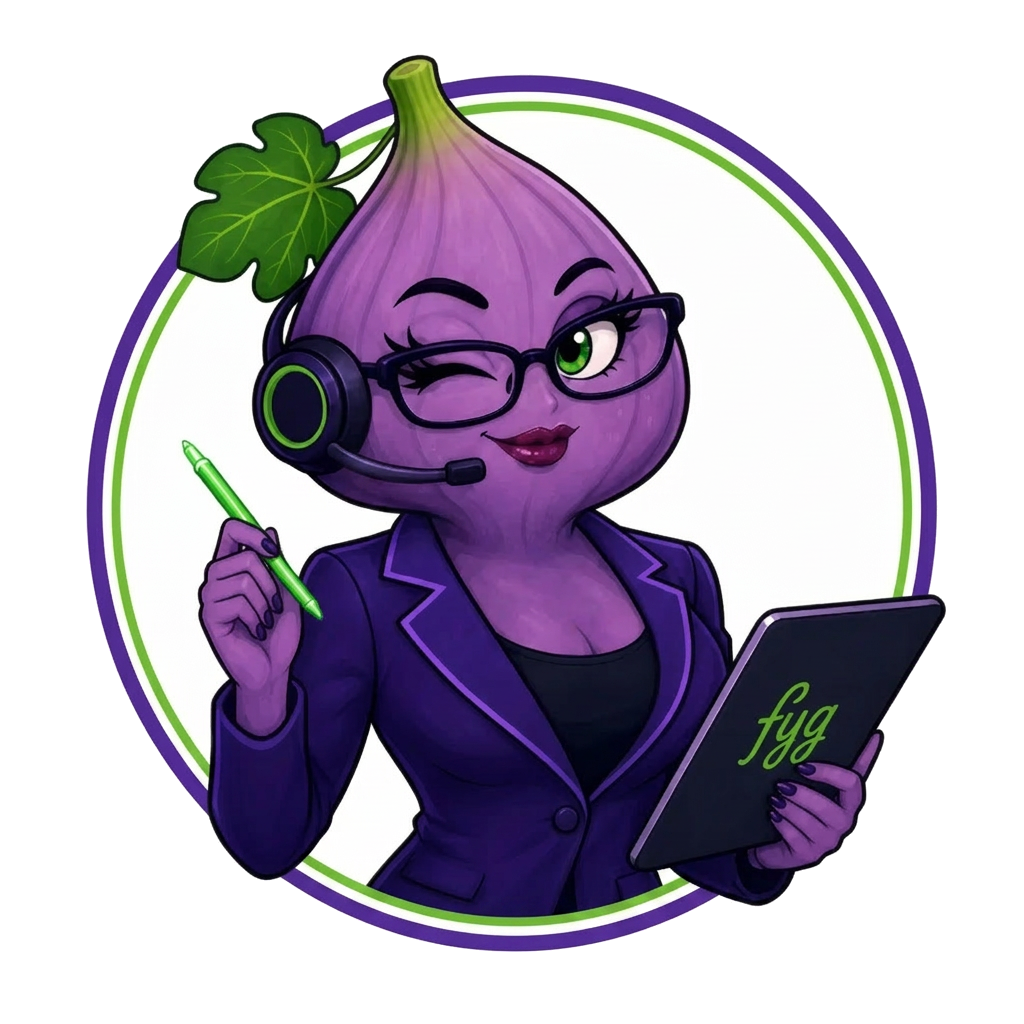 Fyg, a friendly fig-headed assistant in a purple blazer